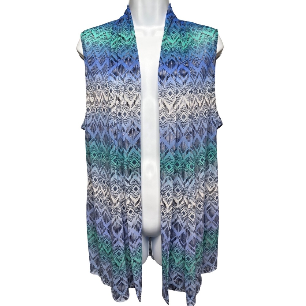 CHICO'S TRAVELERS Womens Blue Geometric Sheer Draped Vest Sz 2/L Metallic Ikat